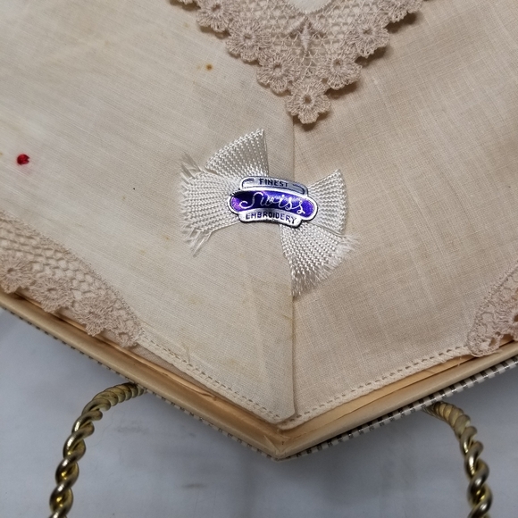 Vintage Original Print Boxed Set Swiss Handkerchiefs Lace Floral Embroidered - Picture 5 of 13